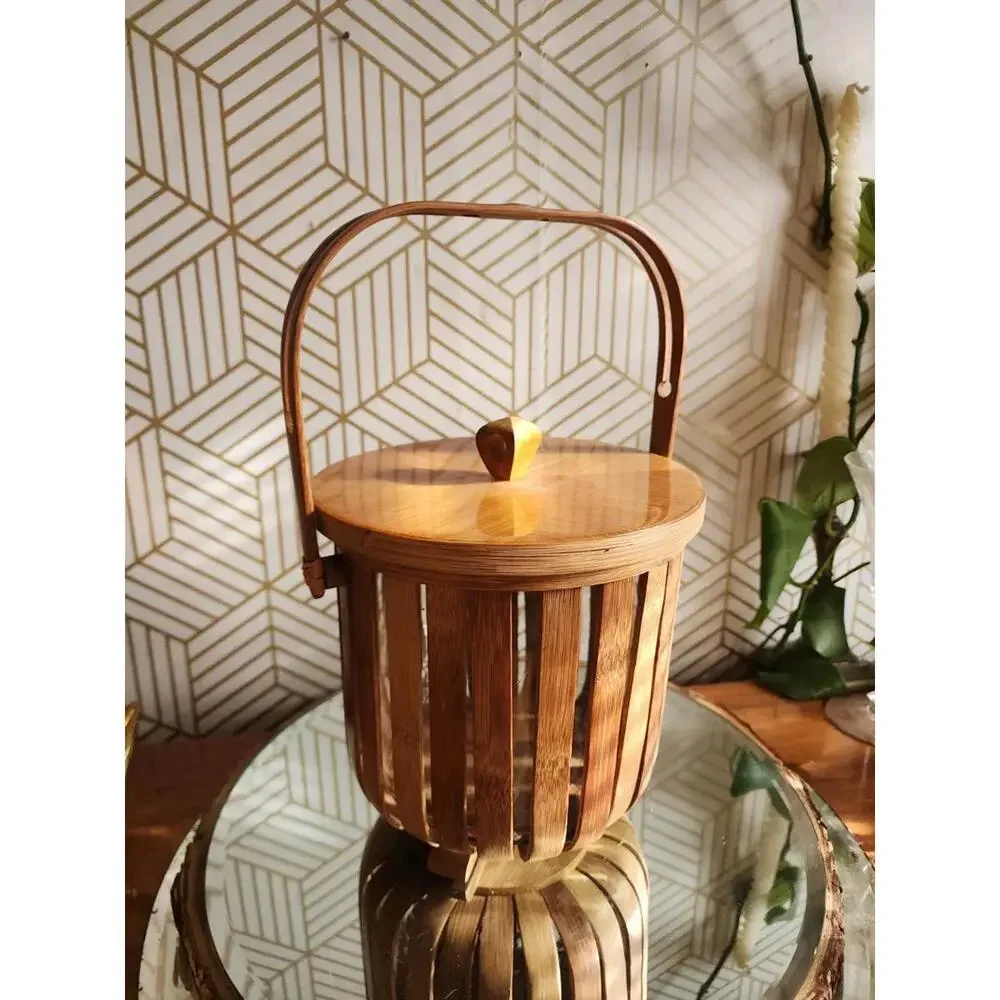 Vintage Bamboo And Glass Ice Bucket With Lid